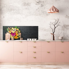 Glass backsplash w/ and w/o metal sheet backing with magnetic properties: Tropical fruits - Top view