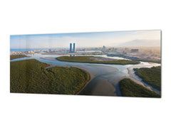 Glass backsplash w/ and w/o metal sheet backing with magnetic properties: Panoramic view of Ras al Khaimah