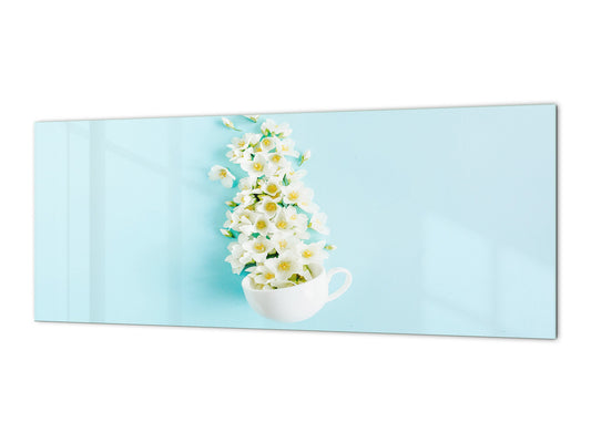 Glass backsplash w/ and w/o metal sheet backing with magnetic properties: Cup with Jasmine