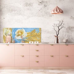 Large format horizontal backsplash - magnetic and non magnetic tempered glass: Abstract art on canvas - roses.
