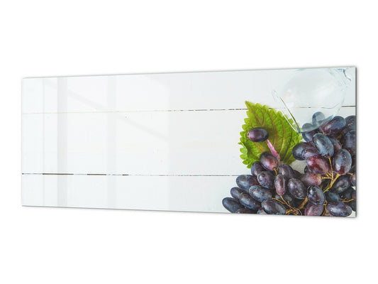 Wide-format tempered glass kitchen wall panel with metal backing - and without: Black grapes and wine glass