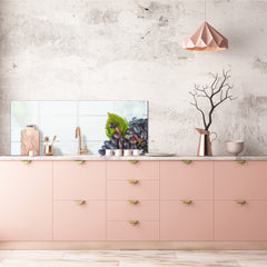 Wide-format tempered glass kitchen wall panel with metal backing - and without: Black grapes and wine glass