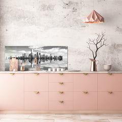 Wide-format tempered glass kitchen wall panel with metal backing - and without: City lanscape