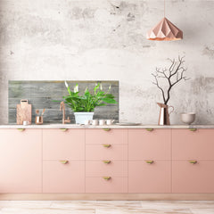 Wide-format tempered glass kitchen wall panel with metal backing - and without: Spathiphyllum in flowerpot