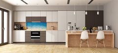 Wide-format tempered glass kitchen wall panel with metal backing - and without: Blue yellow gradient sky