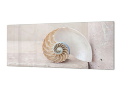 Wide-format tempered glass kitchen wall panel with metal backing - and without: Nautilus seashell