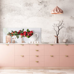 Panel de pared de cocina de vidrio templado de gran formato con respaldo de metal (y sin él): Taza de café o té con rosas rojas