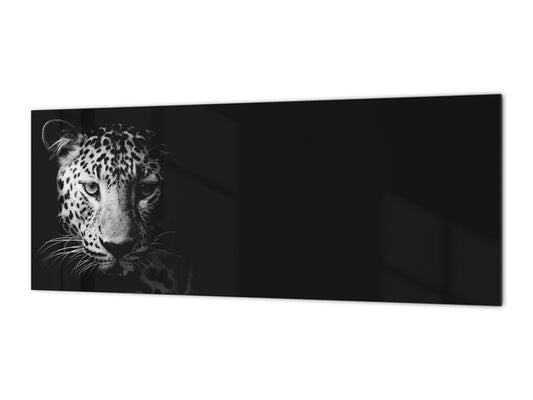 Wide-format tempered glass kitchen wall panel with metal backing - and without: Wild Cat face