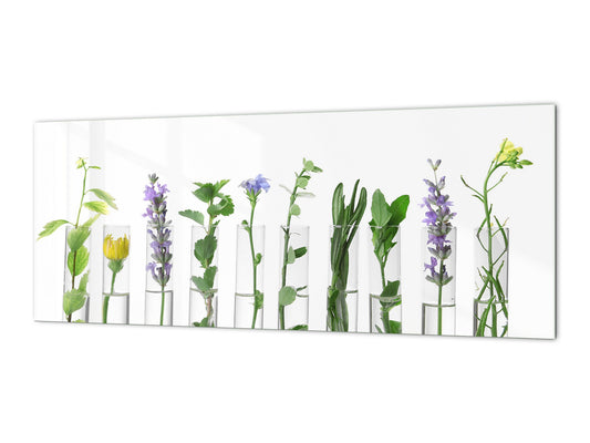 Wide-format tempered glass kitchen wall panel with metal backing - and without: Plants in tubes
