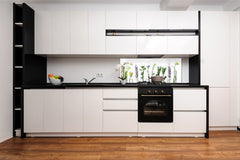 Wide-format tempered glass kitchen wall panel with metal backing - and without: Plants in tubes