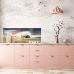 Toughened printed glass backsplash - Wideformat steel coated wall glass splashback: Blurred drift cars