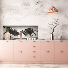 Toughened printed glass backsplash - Wideformat steel coated wall glass splashback: Duel in dust - South Africa