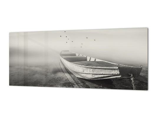 Toughened printed glass backsplash - Wideformat steel coated wall glass splashback: Boat and birds photography