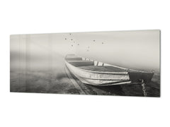 Toughened printed glass backsplash - Wideformat steel coated wall glass splashback: Boat and birds photography