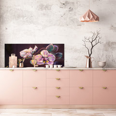 Tempered Glass magnetic and non magnetic splashback in wide-format: Modern painting withe orchids