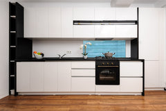 Tempered Glass magnetic and non magnetic splashback in wide-format: Blue wood