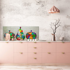 Contemporary glass kitchen panel - Wide format wall backsplash: Handmade wooden fruits