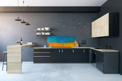 Glass kitchen panel with and w/o stainless steel back-coating: Oil painting yellow and blue