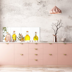 Glass kitchen panel with and w/o stainless steel back-coating: Olive oils bottles
