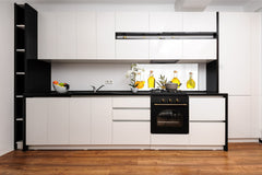 Glass kitchen panel with and w/o stainless steel back-coating: Olive oils bottles