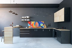 Glass kitchen panel with and w/o stainless steel back-coating: Arrangement of abstract forms