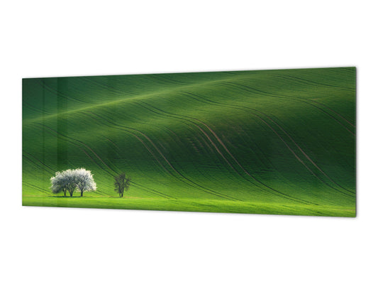 Glass backsplash w/ and w/o metal sheet backing with magnetic properties: Rolling Spring White tree