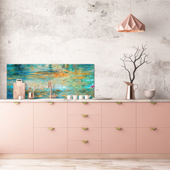 Glass backsplash w/ and w/o metal sheet backing with magnetic properties: Oil painting on canvas