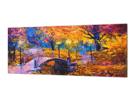 Glasrückwand mit und ohne Metallblechrückwand mit magnetischen Eigenschaften: Herbstbrücke