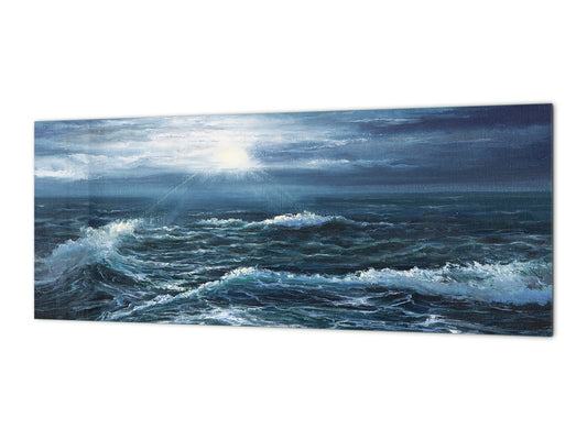 Glass splashback with metal backing in wide format - Kitchen tempered glass panel: Ocean waves painting