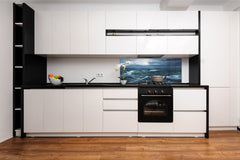 Glass splashback with metal backing in wide format - Kitchen tempered glass panel: Ocean waves painting