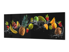 Glass splashback with metal backing in wide format - Kitchen tempered glass panel: Fruit splash on black
