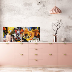 Glass splashback with metal backing in wide format - Kitchen tempered glass panel: Flowers - Picasso and Kandinsky mix