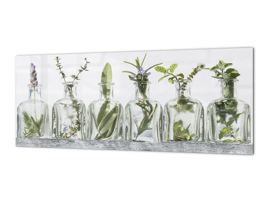 Stunning glass wall art - Wide format backsplash with w/ & w/o stainless steel back: Bottle of essential oil herbs