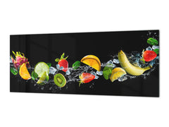 Wide-format tempered glass kitchen wall panel with metal backing - and without: Black splash fruits