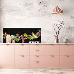 Wide-format tempered glass kitchen wall panel with metal backing - and without: Black splash fruits