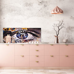 Wide-format tempered glass kitchen wall panel with metal backing - and without: Magic eye - oil on canvas