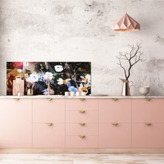 Wide-format tempered glass kitchen wall panel with metal backing - and without: Flowers in grunge abstract style