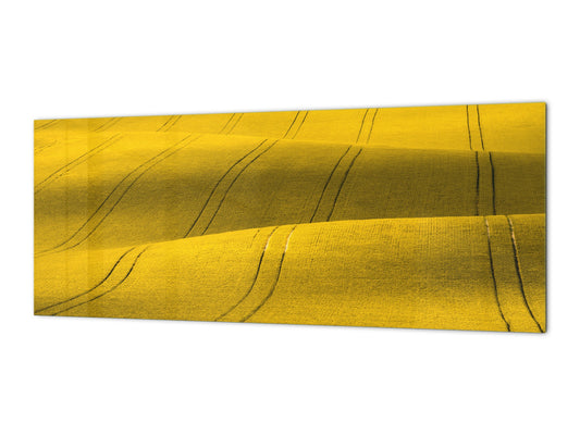 Wide-format tempered glass kitchen wall panel with metal backing - and without: Wavy fields in spring