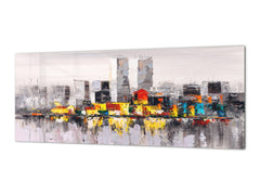Toughened printed glass backsplash - Wide format steel coated wall glass backsplash: New York landscape oil painting