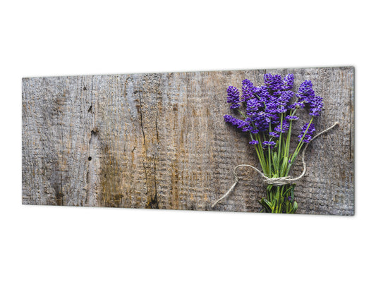 Toughened printed glass backsplash - Wide format steel coated wall glass backsplash: Lavender flowers on wood