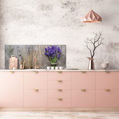 Toughened printed glass backsplash - Wide format steel coated wall glass backsplash: Lavender flowers on wood
