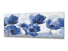 Toughened printed glass backsplash - Wide format steel coated wall glass backsplash: Blue flowers in abstract