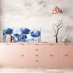 Toughened printed glass backsplash - Wide format steel coated wall glass backsplash: Blue flowers in abstract