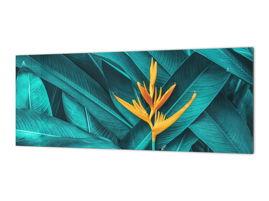 Toughened printed glass backsplash - Wide format steel coated wall glass backsplash: Dark tropical foliage with orange flower