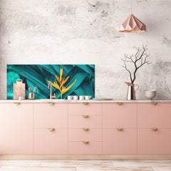 Toughened printed glass backsplash - Wide format steel coated wall glass backsplash: Dark tropical foliage with orange flower