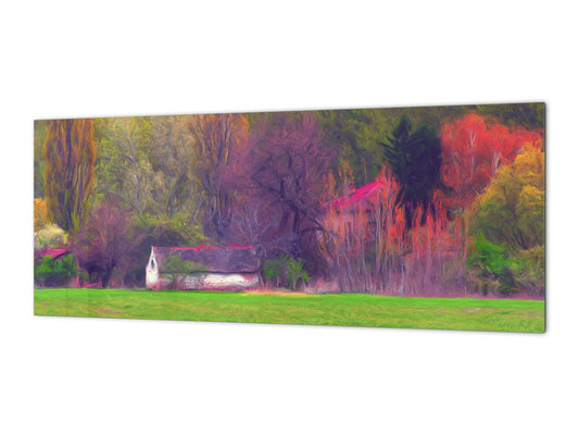 Tempered Glass magnetic and non magnetic splashback in wide-format: Landscape painting - farm house