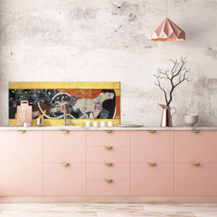 Wide-format glass kitchen panel with and w/o stainless steel metal back-coating: Judith I by Gustav Klimt