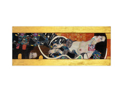 Wide-format glass kitchen panel with and w/o stainless steel metal back-coating: Judith I by Gustav Klimt