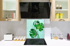 Toughened glass backsplash – Art glass design printed glass splashback NBS11 Tropical Leaves Series: Monstera summer leaves