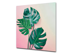 Toughened glass backsplash – Art glass design printed glass splashback NBS11 Tropical Leaves Series: Monstera on pink background